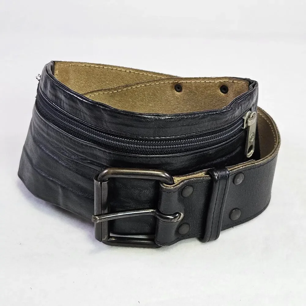VTG Brazilian Leather Money Belt S Black Zippered Pouch Wide Biker Goucho Travel
